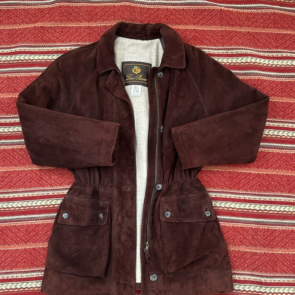 Loro Piana, Medium Women’s Barn Coat. Chocolate brown suede w cream cashmere.